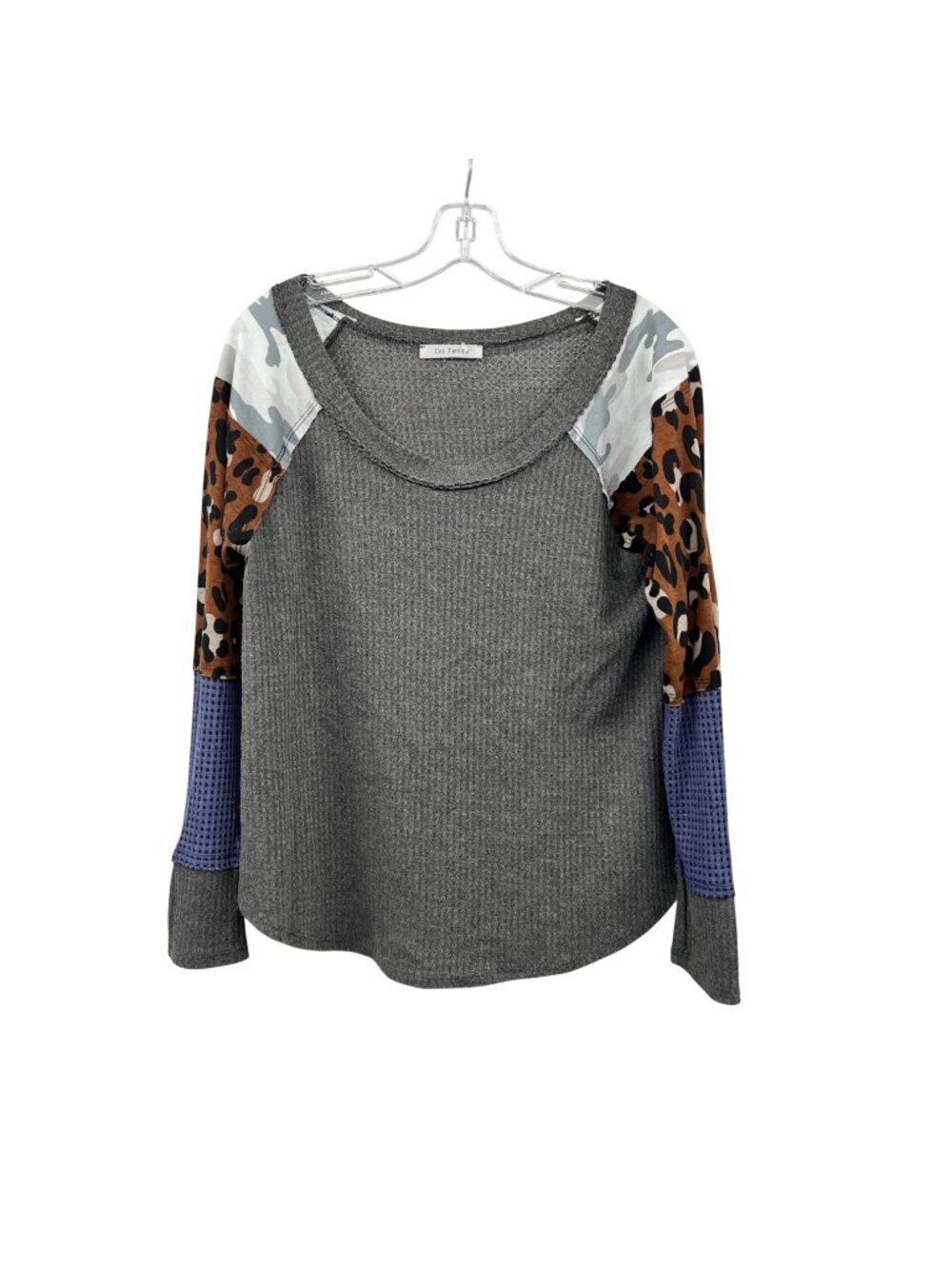 Ces Femme Waffle Knit Top Mixed Print Gray/Multi Womens Size Small